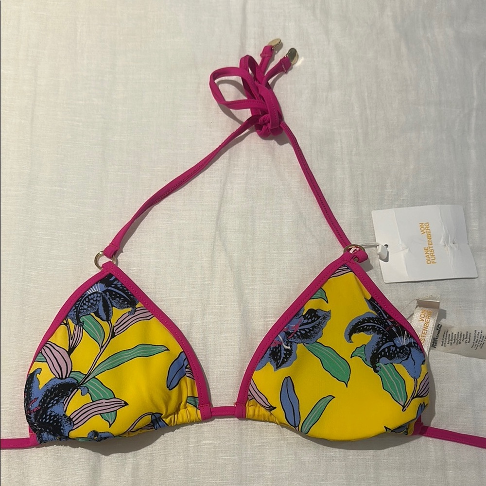 Floral Yellow Triangle Bikini Top with Pink Trim